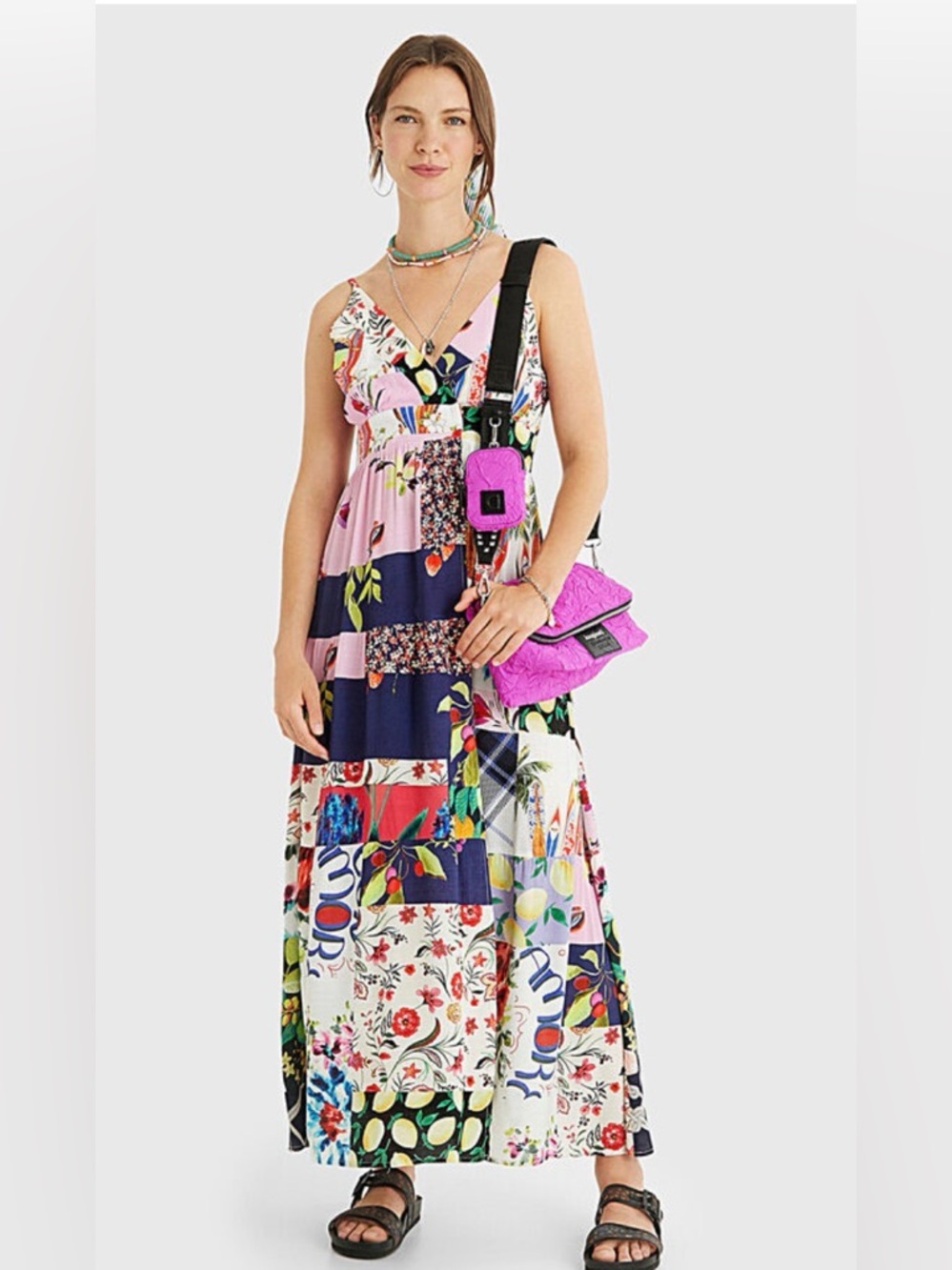 Desigual Floral Patchwork Maxi Dress in Navy, White, Pink, Green